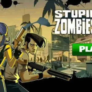 Hình ảnh màn hình game Stupid Zombies 3 với cảnh nhân vật đang bắn zombie
