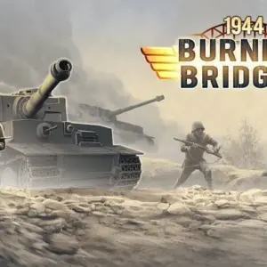 Mô tả hình ảnh: Hình ảnh minh họa game 1944 Burning Bridges với cảnh quân lính và xe tăng trên chiến trường.