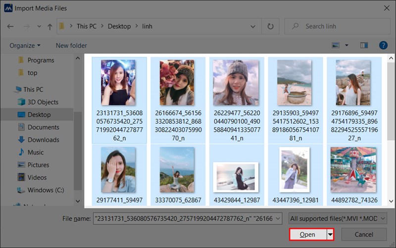 Chọn ảnh cần thêm và nhấn Open