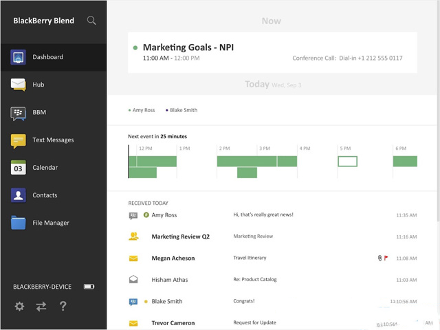 Bảng điều khiển của ứng dụng đồng bộ BlackBerry với máy tính BlackBerry Blend