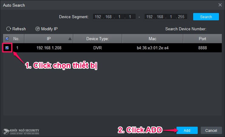 Chọn thiết bị Dahua cần cài đặt