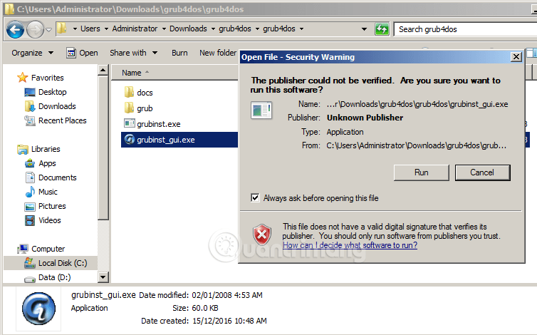 Chạy file grubinst_gui.exe