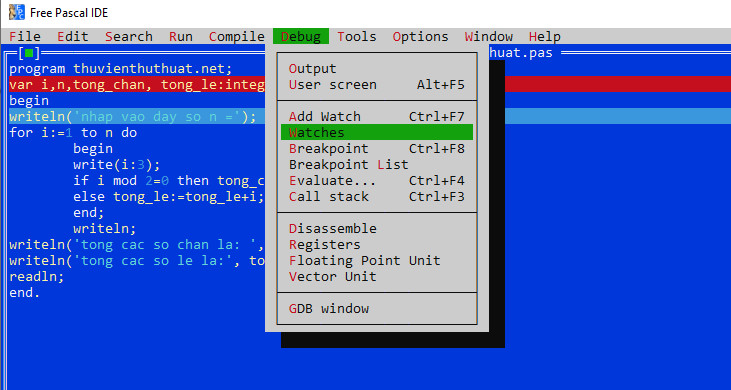 Cách debug trong free pascal