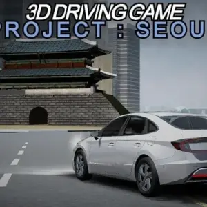 Mô tả hình ảnh: Giao diện game 3D Driving Game Project:Seoul với hình ảnh một chiếc xe hơi đang di chuyển trên đường phố Seoul.