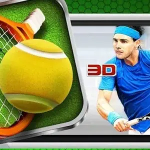 Mô tả ảnh: Giao diện game 3D Tennis với hình ảnh vận động viên đang chuẩn bị giao bóng.