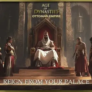 Mô tả hình ảnh: Banner quảng cáo game Age of Sultans với hình ảnh Sultan uy nghi trên ngai vàng