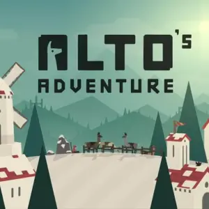Alt text: Hình ảnh game Alto's Adventure với nhân vật đang trượt tuyết trên nền phong cảnh núi non hùng vĩ