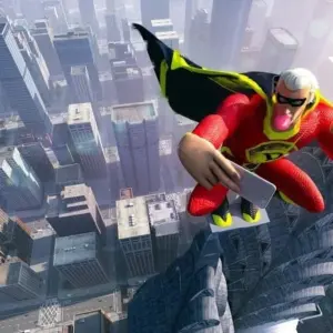 Mô tả hình ảnh: Anh hùng Powerhero đang bay trên bầu trời thành phố.