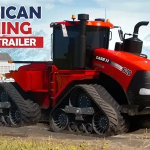 Mô tả hình ảnh: Giao diện game American Farming với hình ảnh một nông trại rộng lớn, máy móc hiện đại và đồng ruộng xanh tươi.