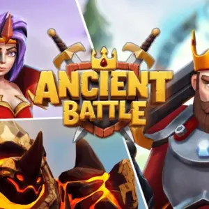 Mô tả ảnh: Hình ảnh giao diện game Ancient Battle với quân đội đang chiến đấu.