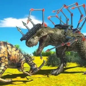 Mô tả ảnh: Giao diện game Animal Revolt Battle Simulator với hình ảnh hai đội quân động vật đối đầu nhau.