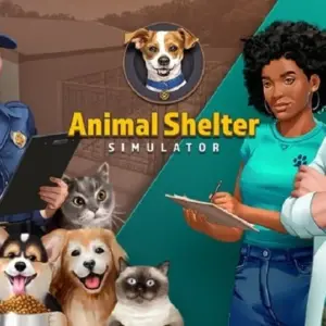 Mô tả ảnh: Giao diện game Animal Shelter Simulator với hình ảnh một chú chó đang được chăm sóc.