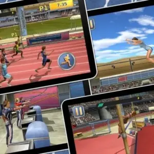 Mô tả hình ảnh: Giao diện game Athletics 2 Summer Sports với hình ảnh vận động viên đang thi đấu