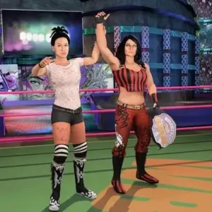 Mô tả hình ảnh: Hình ảnh quảng cáo game Bad Girls Wrestling Fighter với một nữ võ sĩ trong trang phục chiến đấu.