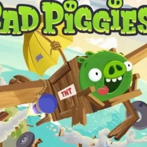 Mô tả hình ảnh: Hình ảnh giới thiệu game Bad Piggies với chú heo xanh đang lái một chiếc xe tự chế.