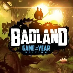 Mô tả hình ảnh: Giao diện bắt đầu game BADLAND với hình ảnh chú chim tròn lùn đang bay trong khu rừng âm u.