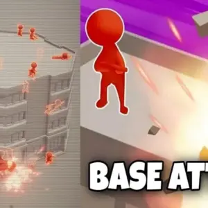 Alt text: Giao diện game Base Attack với cảnh bắn súng vào các nhân vật nhỏ