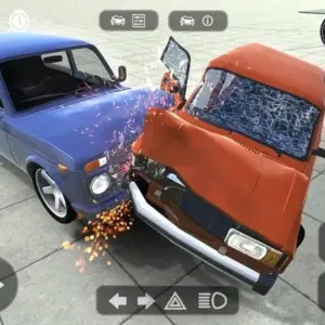 Alt text: Hình ảnh game Beam Drive Crashes Original 3D với một chiếc xe đang bốc cháy sau va chạm
