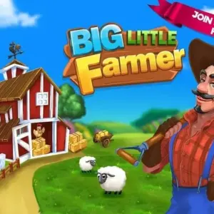 Mô tả hình ảnh: Giao diện chính của game Big Farmer Town với hình ảnh một nông trại xanh tươi, trù phú.