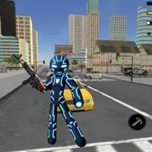 Mô tả ảnh: Nhân vật Stickman đang bay lượn trên không trung bằng dây thừng với background thành phố.