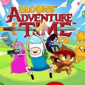mô tả hình ảnh: Hình ảnh gameplay của Bloons Adventure Time TD với Finn và Jake đang chiến đấu với bóng bay