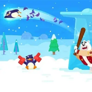 Mô tả hình ảnh: Giao diện game Bouncemasters! với chú chim cánh cụt đang chuẩn bị được phóng đi