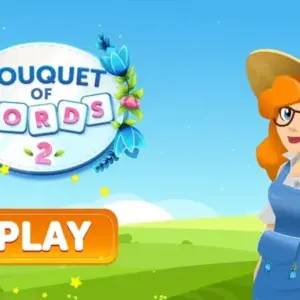 Mô tả hình ảnh: Giao diện game Bouquet of Words với một bức tranh hoa và các ô chữ