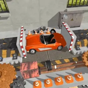 Mô tả hình ảnh: Một chiếc xe đang bị nghiền nát bởi máy ép thủy lực trong game Car Crusher