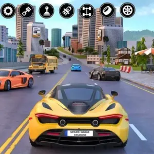 Mô tả hình ảnh: Giao diện game Car Driving School với một chiếc xe hơi đang di chuyển trên đường.