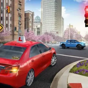 Mô tả hình ảnh: Giao diện game Car Driving School Simulator với hình ảnh một chiếc xe ô tô đang di chuyển trên đường.