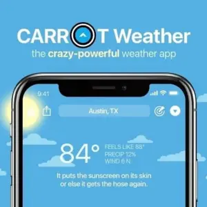 Alt text: Giao diện chính của ứng dụng CARROT Weather với thông tin thời tiết chi tiết và hình ảnh minh họa sinh động.