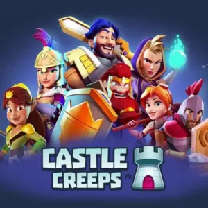 Mô tả hình ảnh: Hình ảnh giao diện game Castle Creeps TD với các tháp phòng thủ và anh hùng đang chiến đấu với quái vật.