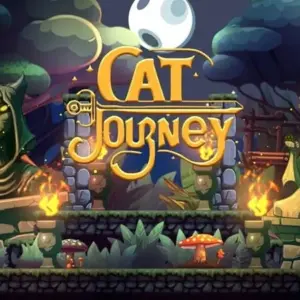 Mô tả ảnh: Hình ảnh giao diện game Cat Journey với chú mèo chiến binh đang chiến đấu