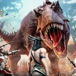 Mô tả hình ảnh: Hình ảnh quảng cáo game Chief Almighty với hình ảnh một người đàn ông lực lưỡng cưỡi khủng long