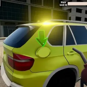Mô tả hình ảnh: Giao diện game City Gas Station Simulator 3D với một trạm xăng dầu hiện đại, nhiều xe cộ đang chờ đổ xăng.