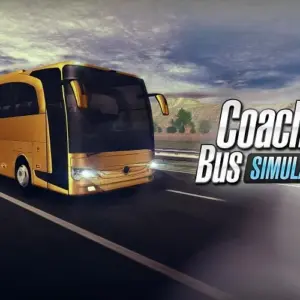 Mô tả hình ảnh: Hình ảnh giao diện game Coach Bus Simulator với một chiếc xe bus đang di chuyển trên đường.