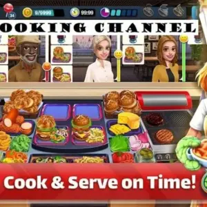 Mô tả hình ảnh: Giao diện game Cooking Channel với hình ảnh một nữ đầu bếp đang tươi cười
