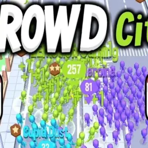 Crowd City MOD (Unlimited Time) 2.9.26 (138M) 5 Mô tả hình ảnh: Giao diện game Crowd City với một đám đông người chơi màu xanh đang di chuyển trên đường phố.