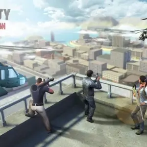 Mô tả hình ảnh: Hình ảnh giao diện chính của game Death City: Zombie Invasion với nhân vật chính đang đứng giữa khung cảnh đổ nát.