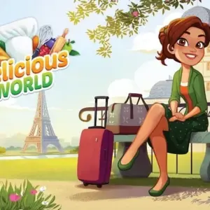 Mô tả hình ảnh: Giao diện game Delicious World với hình ảnh cô đầu bếp Emily đang tươi cười chào đón khách hàng.
