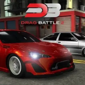 Alt text: Hình ảnh game Drag Battle 2 với một chiếc xe đua màu đỏ đang bốc đầu