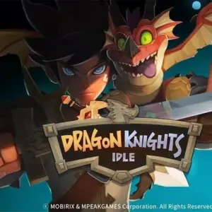 Mô tả hình ảnh: Banner quảng cáo game Dragon Knights Idle với hình ảnh hiệp sĩ rồng đang chiến đấu.
