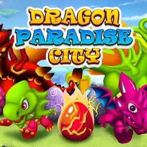 Mô tả hình ảnh: Hình ảnh giao diện game Dragon Paradise City với những chú rồng bay lượn trên bầu trời.