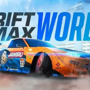 Mô tả hình ảnh: Giao diện game Drift Max World với một chiếc xe đang drift