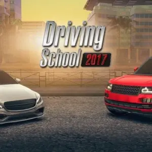 Mô tả ảnh: Giao diện game Driving School 2017 với hình ảnh một chiếc xe thể thao màu đỏ đang di chuyển trên đường.
