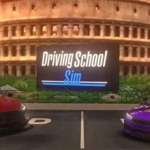 Mô tả hình ảnh: Giao diện game Driving School Sim với hình ảnh một chiếc xe thể thao màu đỏ đang di chuyển trên đường