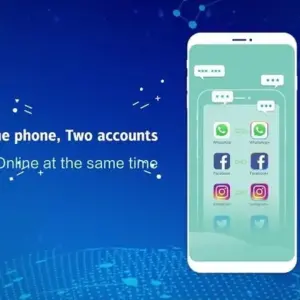 Mô tả ảnh: Giao diện ứng dụng Dual Space với biểu tượng ứng dụng nổi bật trên nền xanh dương