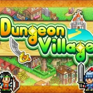Mô tả ảnh: Hình ảnh giao diện game Dungeon Village với các toà nhà và nhân vật pixel.