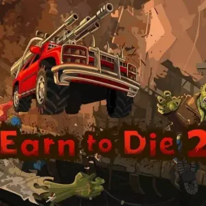 Mô tả hình ảnh: Một chiếc xe được trang bị vũ khí đang lao vào bầy zombie trong game Earn to Die 2