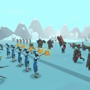 Mô tả hình ảnh: Giao diện chiến đấu trong Epic Battle Simulator 2 với hai đội quân đối đầu nhau.